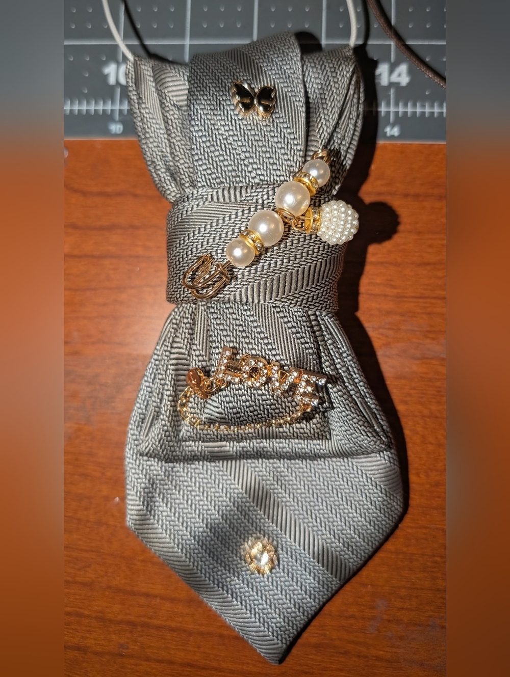 Silk Tie Necklace - Gold 'LOVE' & Pearl Accent Tie Bar Set - Gold and Pearl